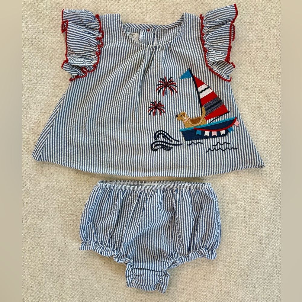 Mud Pie Baby Girl Sailboat and Puppy Nautical Shirt and Bloomers Sz 12-18M